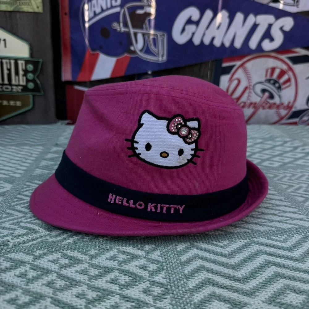 Size M/L - Girls Hat Applique Hello Kitty Fedora Sequin Band Felt Hot Pink‎